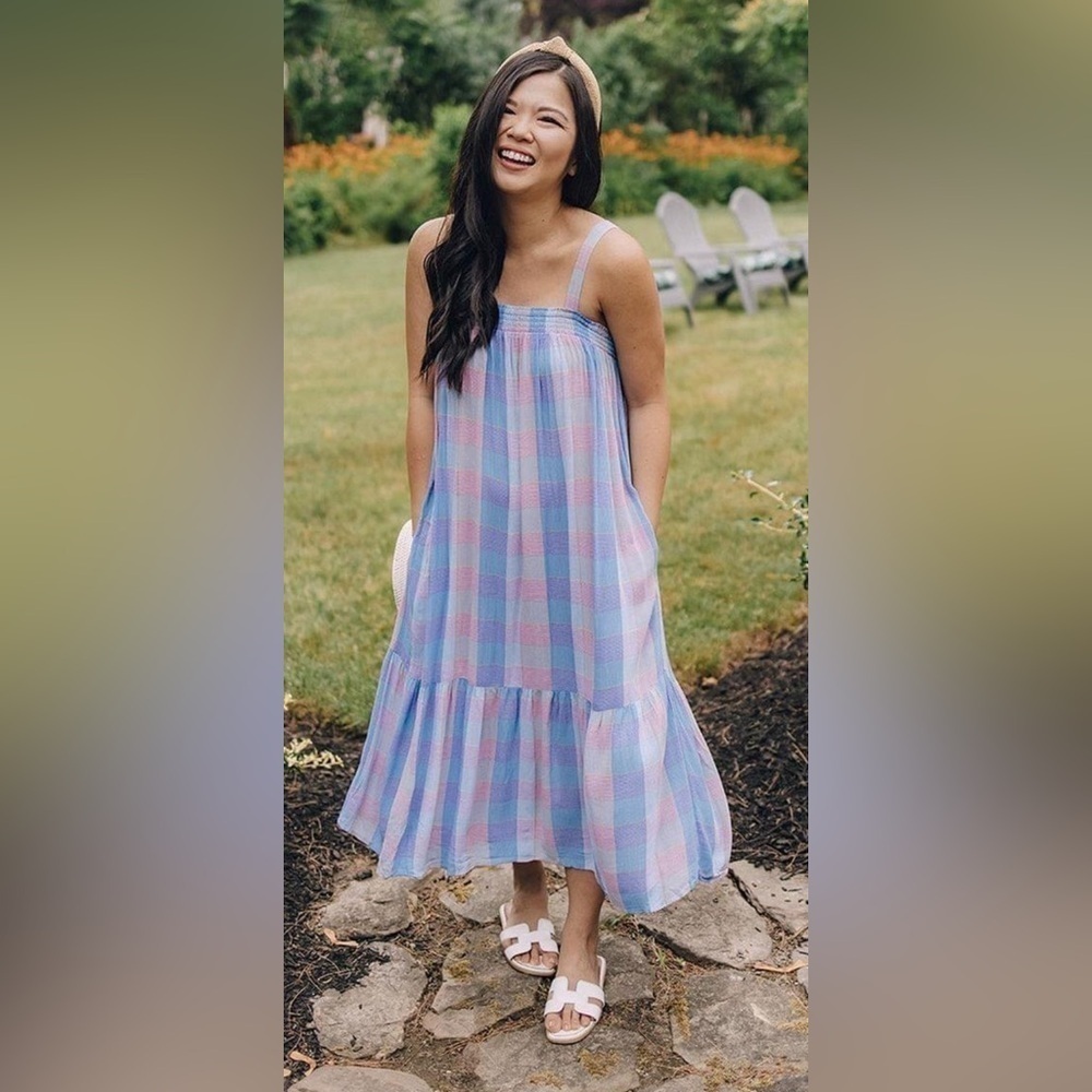 LOFT Petites Plaid Smocked Pocket Midi Dress Pastel